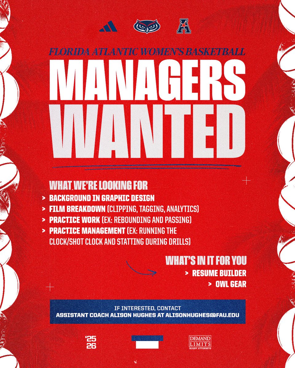 FAUWBB_Hoops's tweet image. Looking for enthusiastic and hardworking student managers to join our team!
For more information or to apply, contact Alison Hughes at alisonhughes@fau.edu.
#WIP🏝️