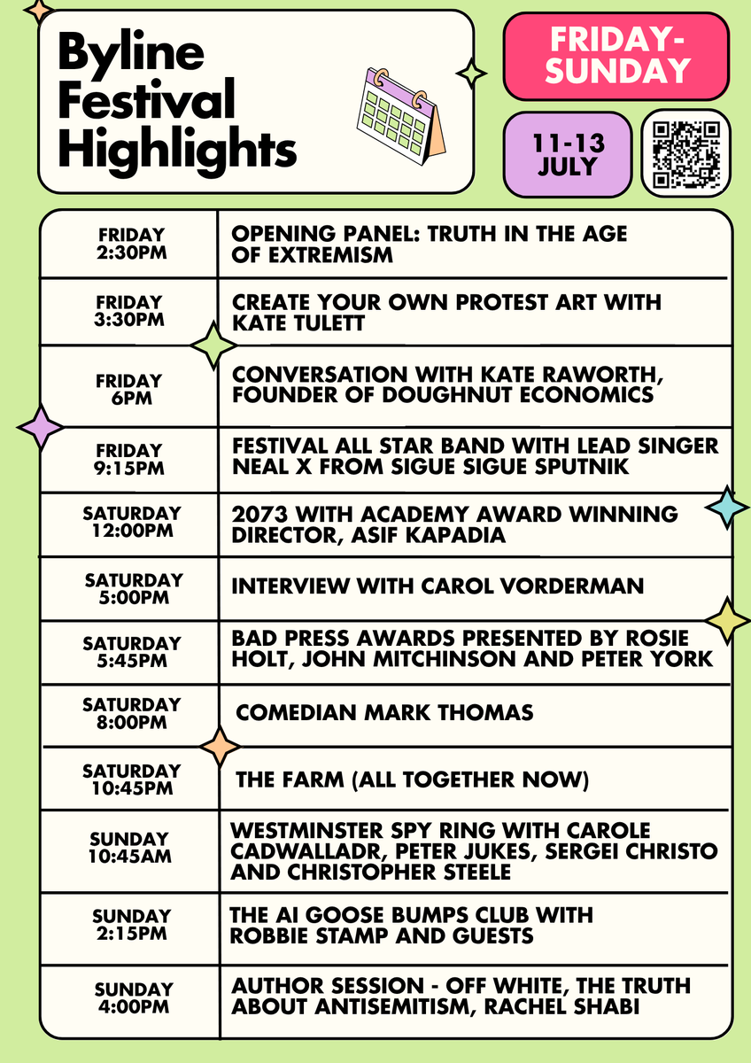 We are excited to be co-sponsoring this year's Bylines Festival! 🤩

Expect raw debate, powerful speakers, award-winning journalists, and unforgettable performances.

Book now at bylinefestival.com – Use code FESTIVALFRIEND for 20% off tickets.