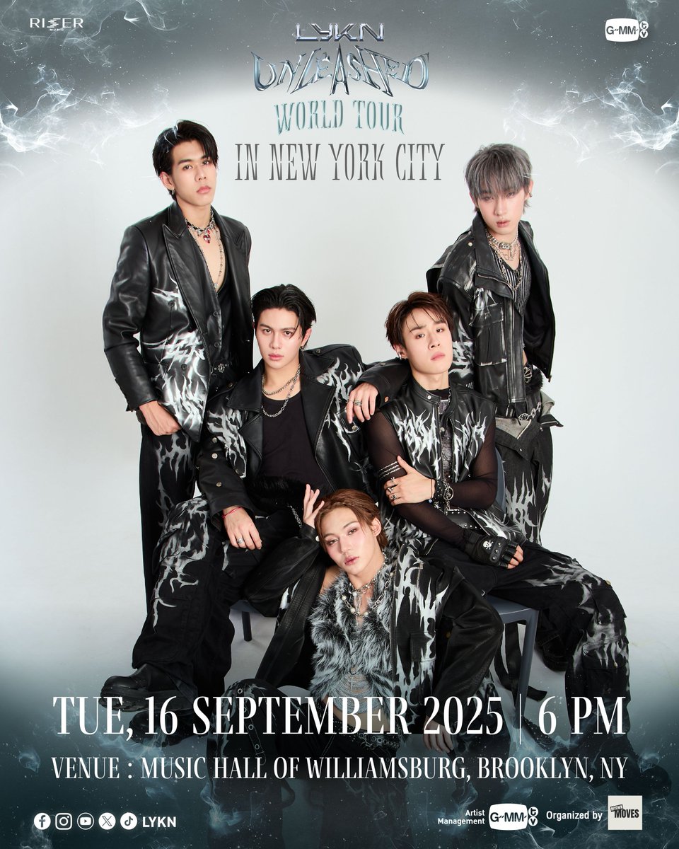 GMMTV's tweet photo. “New York City! LYKYOU is here — let’s hear you!”

With 5 LYKN members: William Jakrapatr, Lego Rapeepong, Nut Thanat, Tui Chayatorn, and Hong Pichetpong.
LYKN UNLEASHED WORLD TOUR IN NEW YORK CITY

📌Date: September 16, 2025
📌Venue: Music Hall of Williamsburg, Brooklyn, NY

Tickets will be available at 10:00AM  EST, July 8, 2025 at >> https://t.co/62wOSchDau <<

Stay up to date for more information on FB, IG, and X at GMMTV.

#LYKNTOUR
#LYKNUNLEASHEDTOUR 
#LYKNUNLEASHEDWORLDTOUR 
#LYKNTOURxNEWYORKCITY
#LYKN
#RISERMUSIC
#GMMTV 
@LYKNofficial @Williamjkp1 @realxlg @nnutdan @hongshihoshi03 @TuiChayatorn @RiserMusic