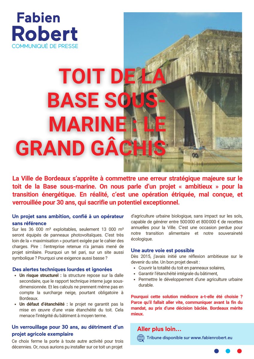 🚨 #presse 𝐁𝐚𝐬𝐞 𝐬𝐨𝐮𝐬-𝐦𝐚𝐫𝐢𝐧𝐞 𝐝𝐞 𝐁𝐨𝐫𝐝𝐞𝐚𝐮𝐱 : 𝐮𝐧 𝐩𝐫𝐨𝐣𝐞𝐭 𝐞́𝐭𝐫𝐢𝐪𝐮𝐞́, 𝐫𝐢𝐬𝐪𝐮𝐞́, 𝐞𝐭 𝐯𝐞𝐫𝐫𝐨𝐮𝐢𝐥𝐥𝐞́ 𝐩𝐨𝐮𝐫 𝟑𝟎 𝐚𝐧𝐬.

13 000 m² de panneaux sur 36 000 m² disponibles. Pas d'étanchéité garantie. Aucune agriculture urbaine prévue.