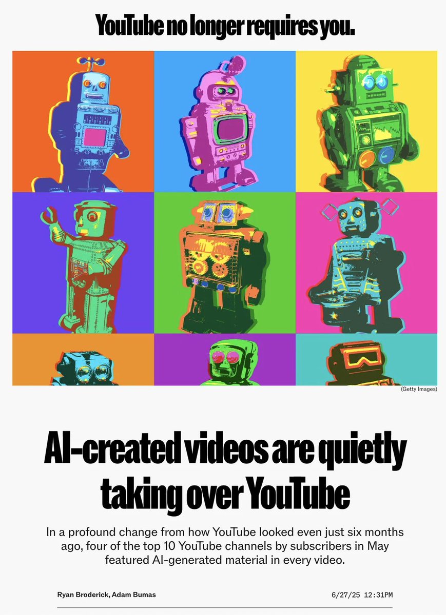 AI Notkilleveryoneism Memes ⏸️ (@aisafetymemes) on Twitter photo Dead Internet Theory update: 4 of the top 10 YouTube channels are AI Dead Internet Theory update: 4 of the top 10 YouTube channels are AI