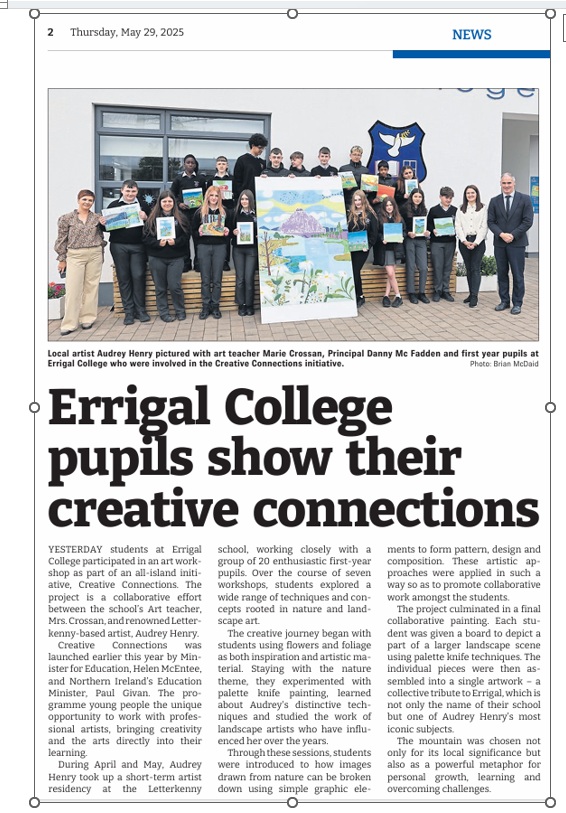 We’re thrilled to see Creative Connections featured in the <a href="/Donegal_News/">Donegal News</a>  spotlight is on Residency 1, a stunning project titled Reflections, where visual artist <a href="/missaudreyhenry/">Audrey Henry</a> worked with teacher Marie Crossan and 20 enthusiastic First Year pupils in <a href="/ErrigalCollege/">Errigal College | Letterkenny</a>. 🎨💫