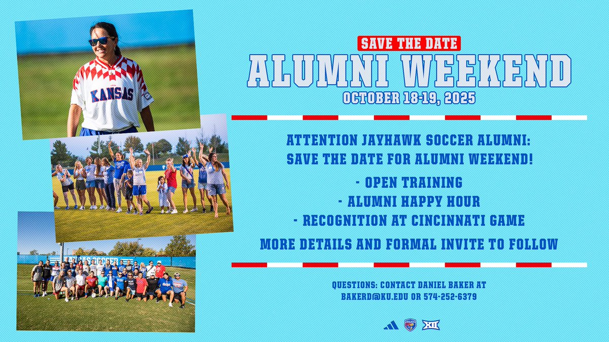 Join us for Jayhawk Soccer Alumni Weekend, October 18-19, 2025! ⚽🎉 Enjoy open training, happy hour, and game-day recognition against Cincinnati! #KUAlumni #JayhawkSoccer #KClub