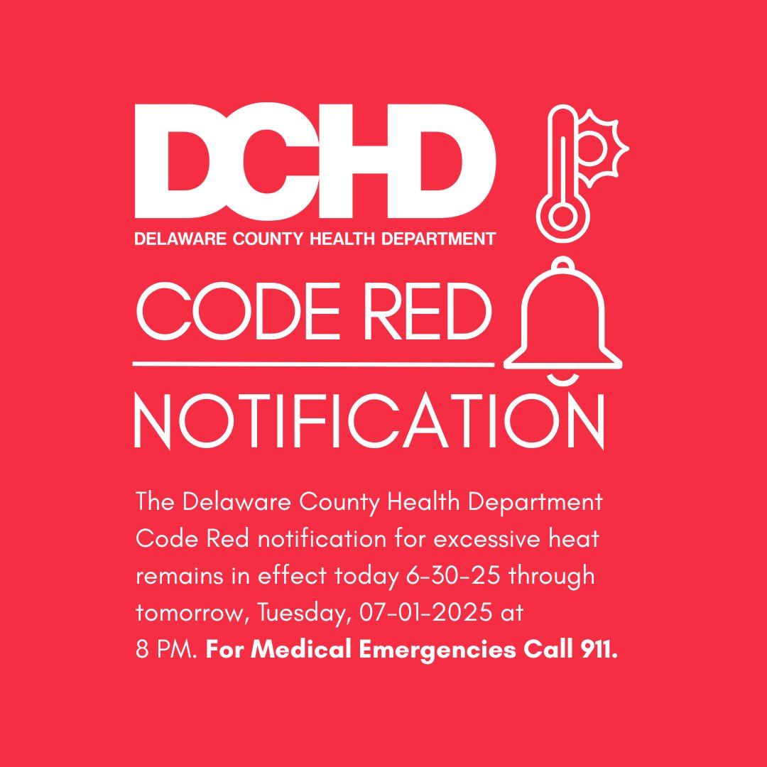 On 06-30-2025 at 10 AM, the Delaware County Health Department has issued a Code Red notification for excessive heat from 06-30-2025 at noon through 07-01-2025 at 8 PM.  Heat Health notifications are guided by temperature and relative humidity percentage. bit.ly/4neKI9g