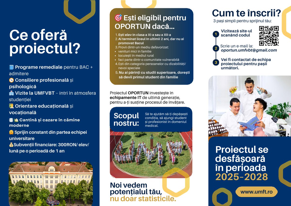 📯 OPORTUN – Oportunități de includere și creștere a accesului la învățământul superior medical prin intervenția timpurie asupra grupurilor dezavantajate

ℹ️ umft.ro/ro/peo-cod-smi…

🔗 umft.ro/ro/furnizor-pr…