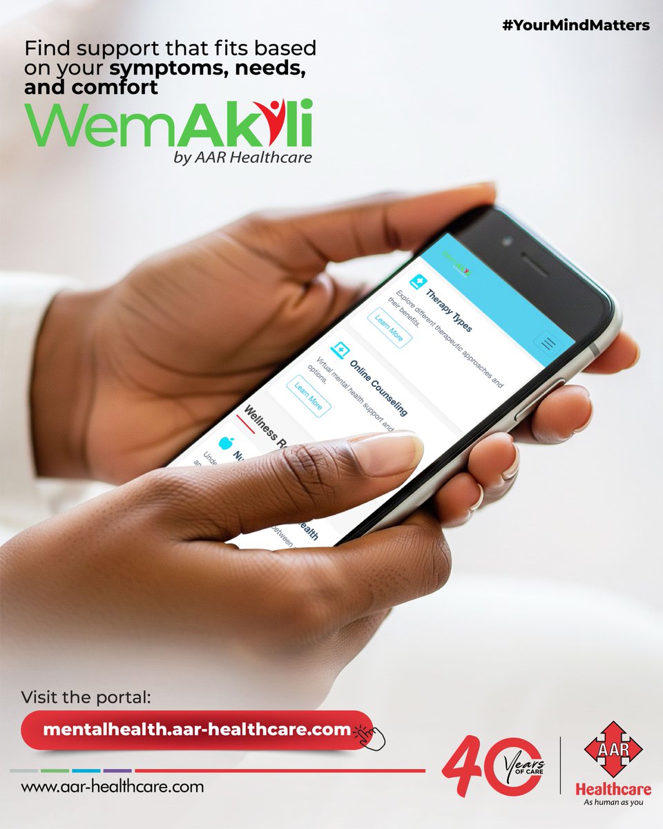 Not every struggle needs a solo solution.
WemAkili connects you to a mental health practitioner  through a quick, private screening.🔗mentalhealth.aar-healthcare.com
Suicide Crisis? 0725 225 225 | 0734 225 225 #WemAkili
