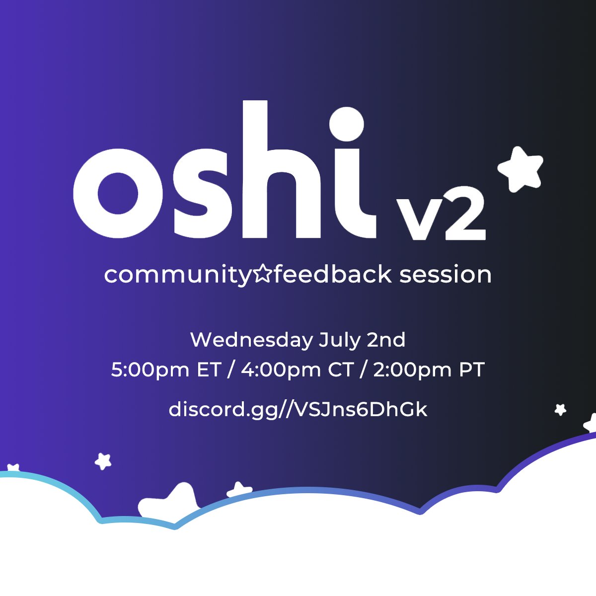 Calling all idols! ☆

We've been hard at work on Oshi v2, and we've got something to show you!

In order to make Oshi V2 the best version of the app it can be, we’re hosting a special first look / feedback session this Wednesday!

Join here -> discord.gg//VSJns6DhGk