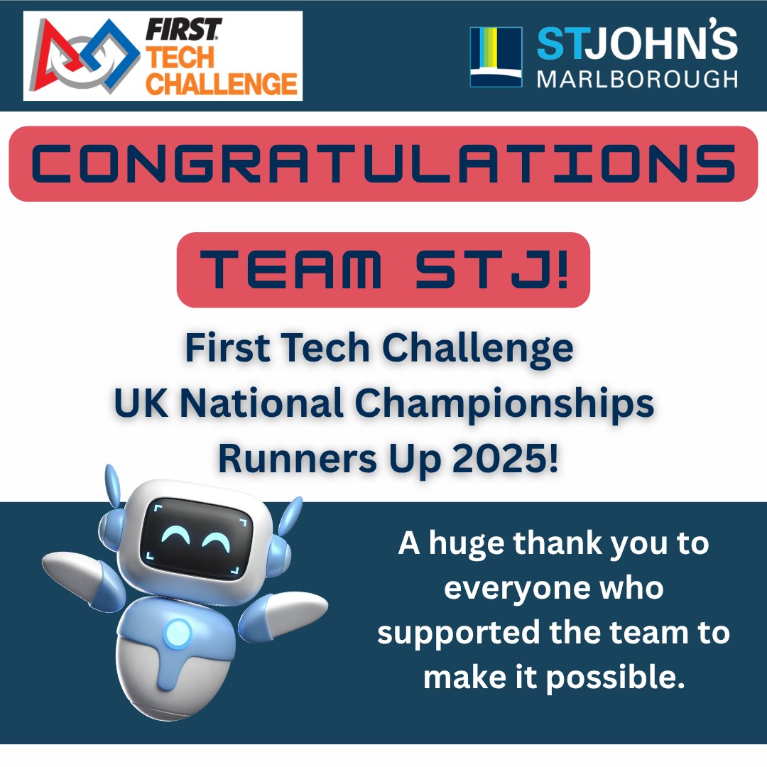 StJohnsMarlb's tweet photo. 🚀 Huge congrats to Team STJ – The Botonauts! 🤖   Runners-up at the FIRST Tech Challenge UK National Finals out of 64 incredible teams! You smashed it all the way to the grand final – so proud of you! 🏆👏

@ExcaliburAT @FTC_UK #FTCUKChamps2025 #MoreThanRobotsUK https://t.co/auZRoNgFof