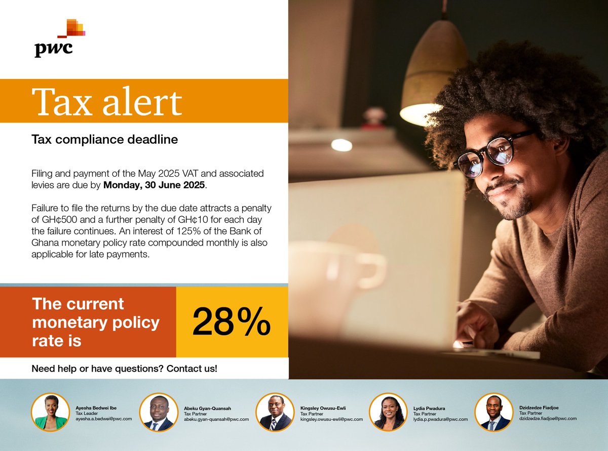 The deadline to file and pay your May 2025 VAT and levies is Monday, 30 June. Late filing attracts a GH¢500 penalty, plus GH¢10 for each extra day. Stay ahead, file now and avoid extra costs!

#GRADeadline #VATAlert #AvoidPenalties #TaxSmart