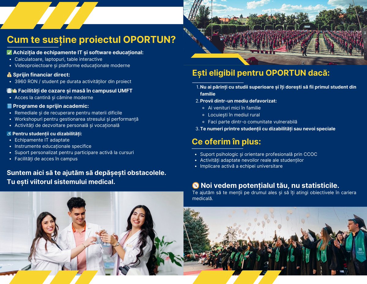 📯 OPORTUN – Oportunități de includere și creștere a accesului la învățământul superior medical prin intervenția timpurie asupra grupurilor dezavantajate

ℹ️ umft.ro/ro/peo-cod-smi…

🔗 umft.ro/ro/furnizor-pr…