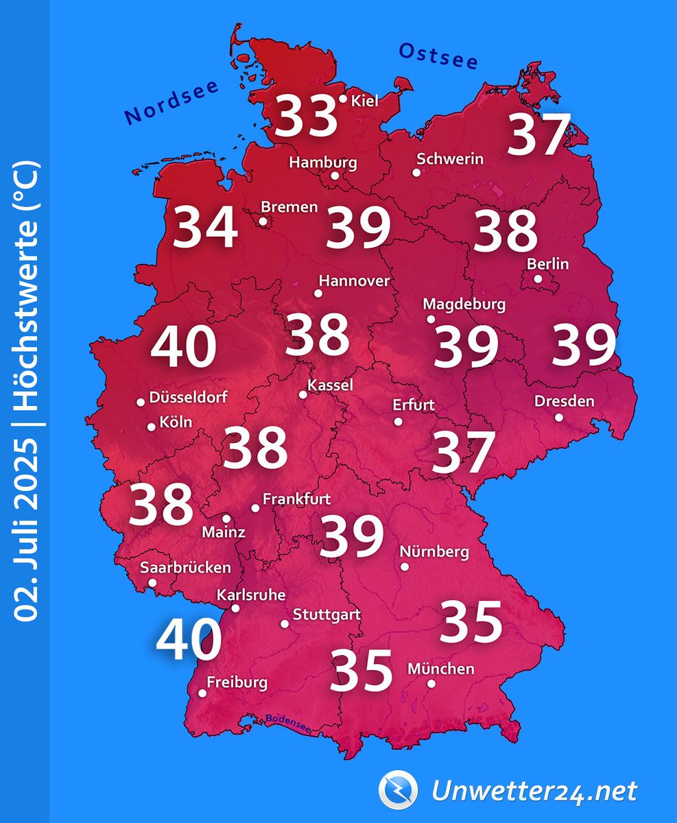 Unwetter24net's tweet photo. 🌤️ Hitze-Höhepunkt am Mittwoch: Hier sind 40 Grad möglich 🌡️
Allmählich nähern wir uns dem Höhenpunkt der Hitze. Lokal sind am Mittwoch etwa 40 Grad möglich!
Wir zeigen wo: https://t.co/jfBtpjfmVk
#Hitze #Hitzewelle #extremeHitze #40Grad #35Grad #30Grad #Wetter #Hitzewarnung https://t.co/RzskJwh9cR