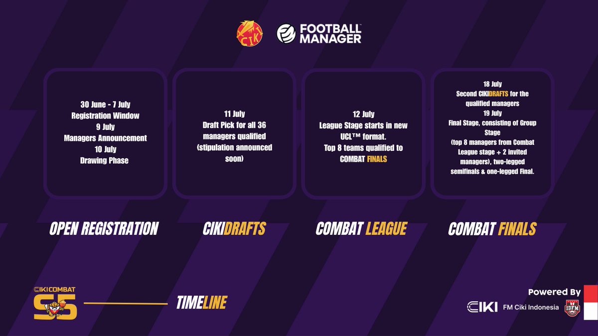 Hello managers! 👋
Due to misread of the calendar 😅, there are bit changes on the timeline date of the events. 

Please refer to this new timeline announcement and mark your calendar 🗓️.

Sorry for the inconvenience caused by this. Thank you. 
#CikiCombat #FootballManager #FM24