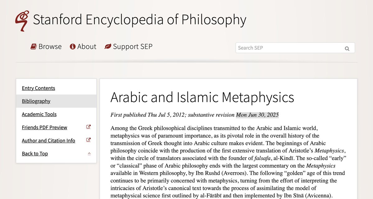 Grateful to the Stanford Encyclopedia of Philosophy for the publication of the substantive revision of the entry “Arabic and Islamic Metaphysics” (Jun 30, 2025)
plato.stanford.edu/entries/arabic…