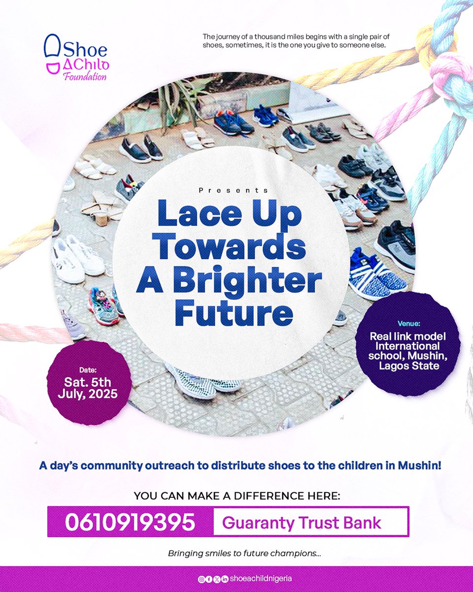 shoeachild's tweet photo. We are coming to Mushin this Saturday.
Spread the news. Support the outreach and volunteer.
Details are in the flyer. See you on Saturday.
#shoeachildfoundation #shoeachild #shoes #voluntering #shoedrive #outreach #laceuptowardsabrighterfuture #mushin #giving https://t.co/TiVmvzkFQE