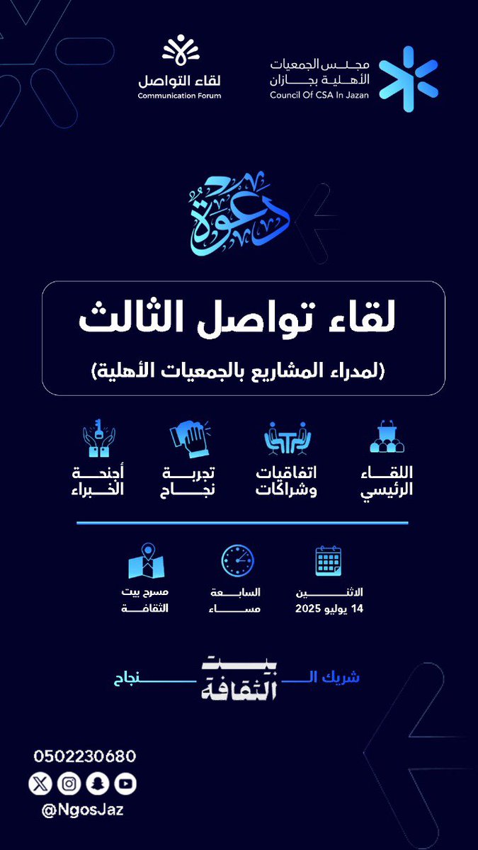 📢 لقاء تواصل الثالث |

يعلن مجلس الجمعيات الأهلية بجازان عن إطلاق النسخة الثالثة من لقاء تواصل،
والذي يستهدف مدراء المشاريع في الجمعيات.

📅 يوم الاثنين 14 يوليو 2025
📍 بيت الثقافة 

<a href="/CultureHousesSA/">بيت الثقافة</a> 
⸻

✨ *في هذا اللقاء:*
•🗣️ اللقاء الرئيسي
•🤝 اتفاقيات وشراكات
•🌟 تجربة