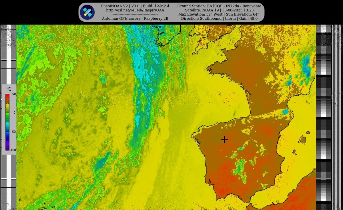 Ground Station: EA1CQP - IN72da - Benavente NOAA 19 30-06-2025 13:06 CEST  Max Elev: 52° W Sun Elevation: 64° Gain: 48.0 | Southbound

#NOAA #MeteorM2_3 #MeteorM2_4 #weather #weathersats #APT #LRPT #wxtoimg #MeteorDemod #rtlsdr #gpredict #raspberrypi