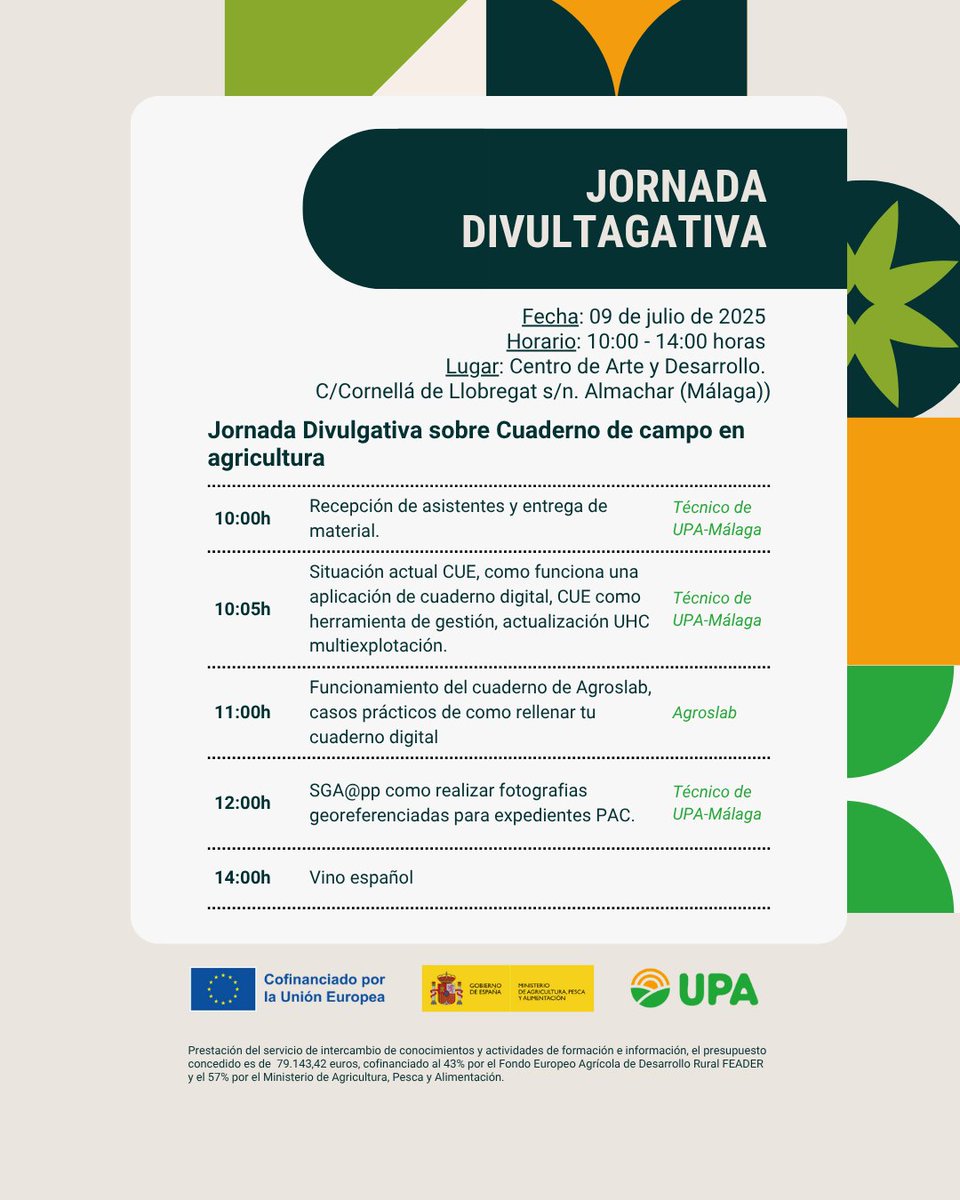 🗒🧑‍🌾 El Cuaderno de campo se ha convertido en una herramiental clave para gestionar eficientemente la explotación. Por eso, ¡si tenéis alguna duda, os animamos a acudir a nuestra jornada divulgativa!

🗓 9/7
🕘 10-14h
📍Almachar (Málaga)
✍ INSCRÍBETE digitupa.raices.info/inscripcion/?i…
