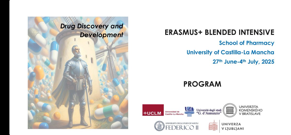 FarmaciaAB_UCLM's tweet photo. 🚀 Comienza en la @uclm_es la Erasmus+ Blended Intensive Week sobre Drug Discovery and Development 💊
Del 27 junio al 4 julio, recibimos a estudiantes y profesorado de 🇮🇹🇸🇰🇸🇮 en nuestra Facultad de Farmacia. ¡Ciencia sin fronteras! 🌍
#ErasmusPlus #UCLM #Farmacia #DrugDiscovery https://t.co/ksbtQpjfQD