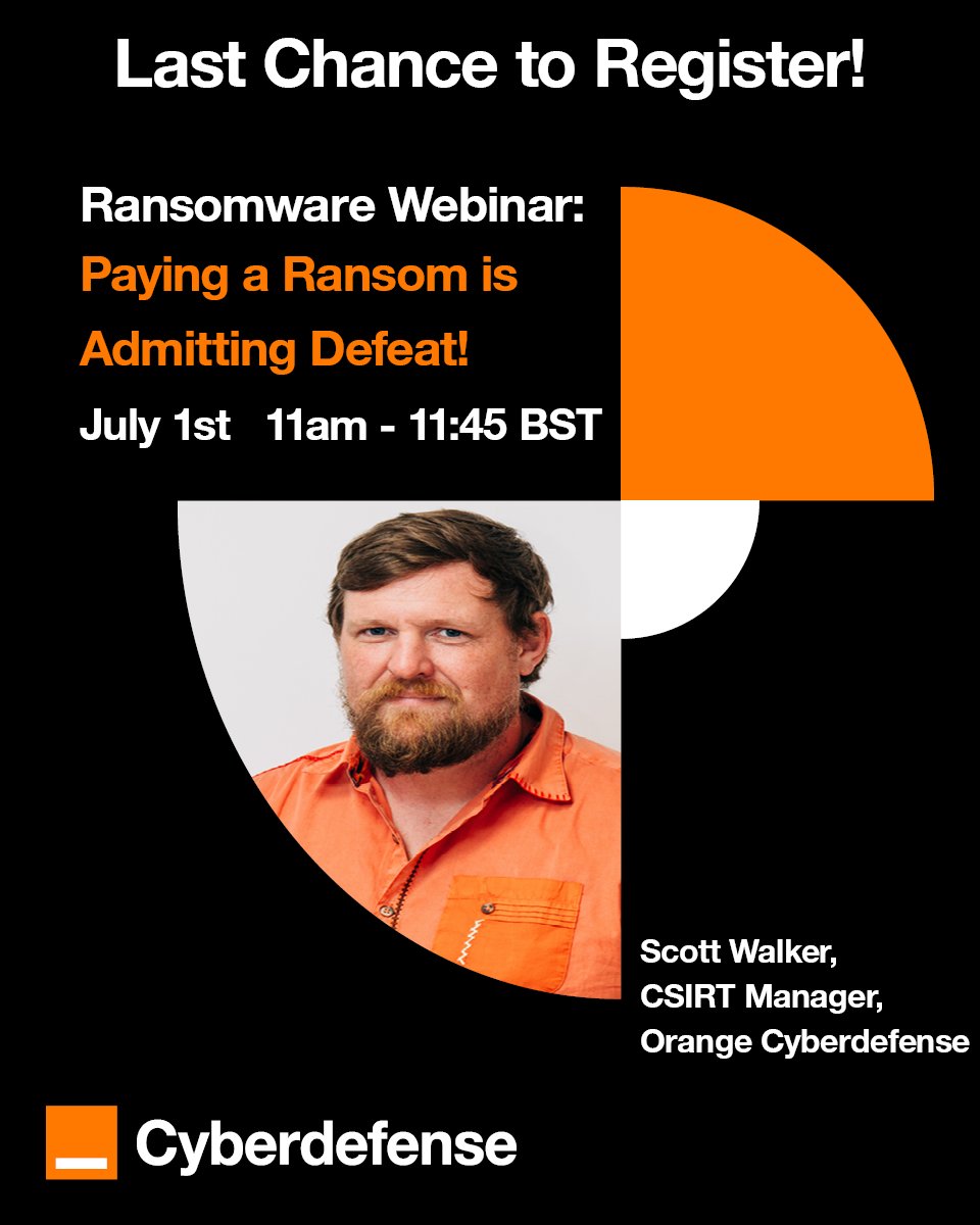 🚨 Last chance to register! 🚨
 
🎙️ New ransomware webinar with Scott Walker, CSIRT Manager

📅 1st July | 🕚 11:00 BST
 
👉 Secure your spot now: ow.ly/zCr550Wihp4
 
#Ransomware #CyberSecurity #Webinar #IncidentResponse #OrangeCyberdefense #TheChallengerSeries