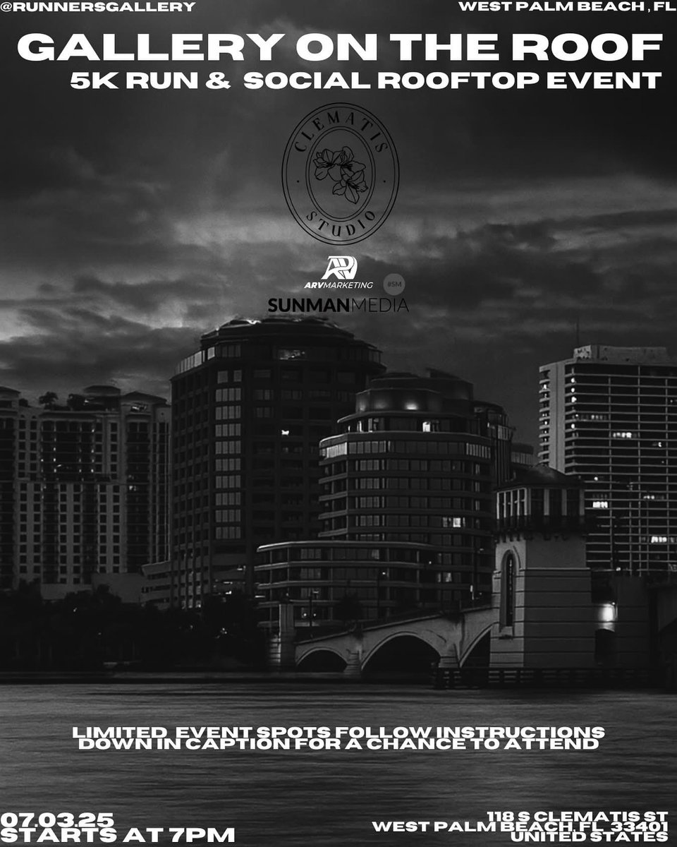ARVMktg's tweet image. Bringing the energy to the @thecityofwpb
Excited to announce we are partnering up with RUNNERSGALLERY Run Club for an electric event this upcoming Thursday at the Clematis Studio rooftop!
GALLERY ON THE ROOF. 🏃🏻🏃🏻💨