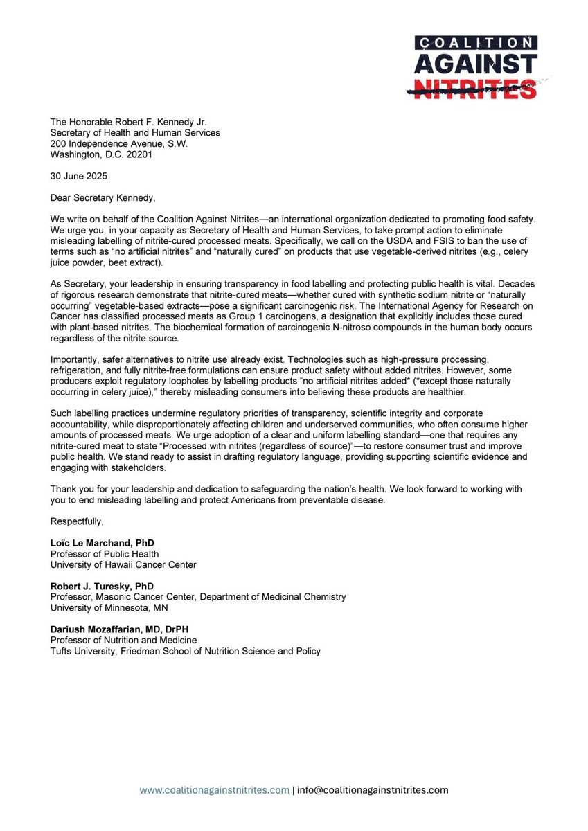 Coalition Against Nitrites (@no2nitrites) on Twitter photo We’ve launched our U.S. campaign calling on <a href="/RobertKennedyJr/">Robert F. Kennedy Jr</a> to ban misleading “no artificial nitrites” labels on processed meats. Experts say veggie-based nitrites are no safer. Americans deserve transparency. Read the letter:
#FoodPolicy #Nitrites We’ve launched our U.S. campaign calling on <a href="/RobertKennedyJr/">Robert F. Kennedy Jr</a> to ban misleading “no artificial nitrites” labels on processed meats. Experts say veggie-based nitrites are no safer. Americans deserve transparency. Read the letter:
#FoodPolicy #Nitrites