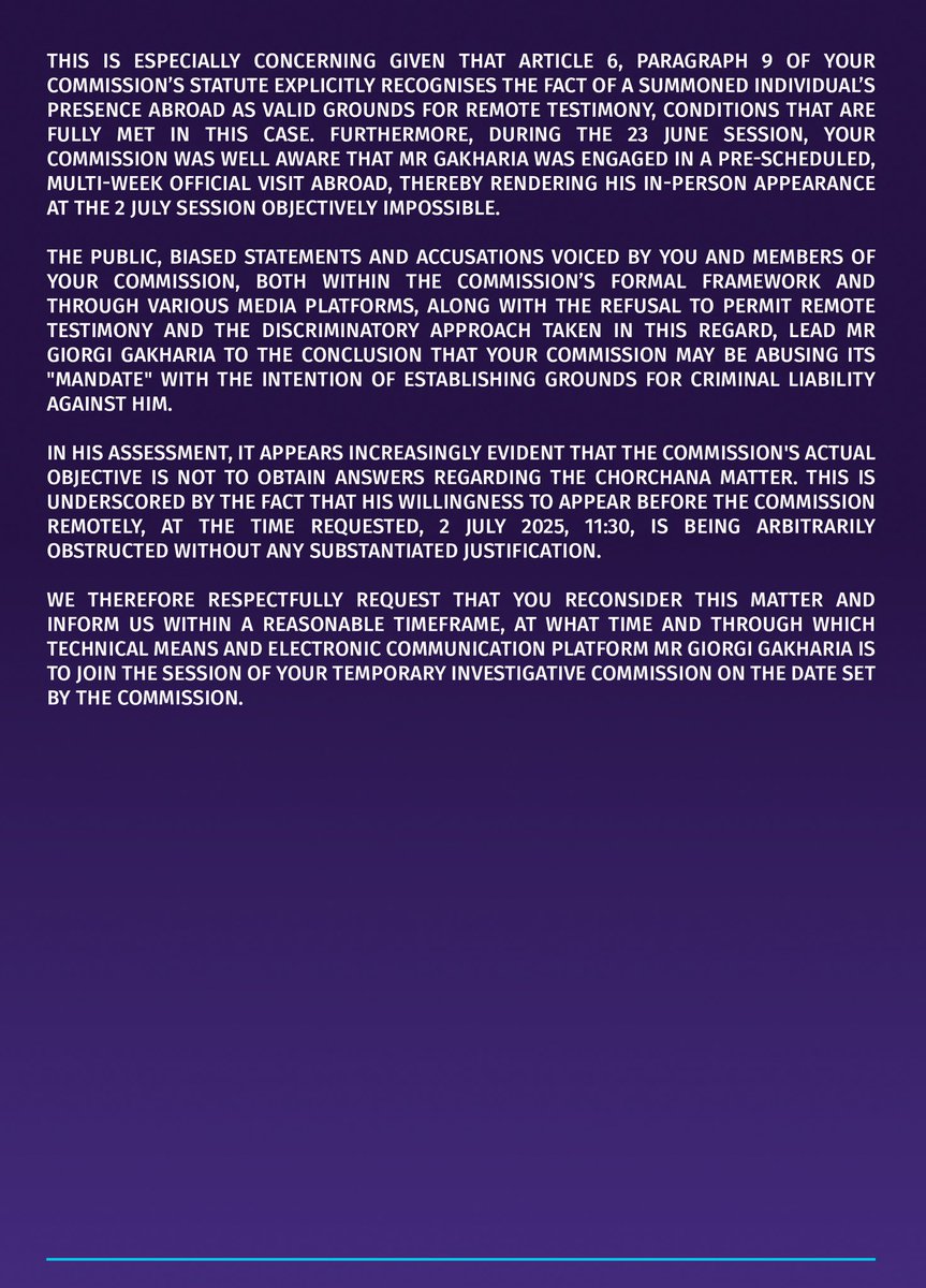 With this letter, I’ve reaffirmed my readiness to testify before the parliamentary commission on 2 July remotely, as permitted by law.
Despite the ongoing campaign of political persecution, I remain open to dialogue and accountability to the Georgian people.