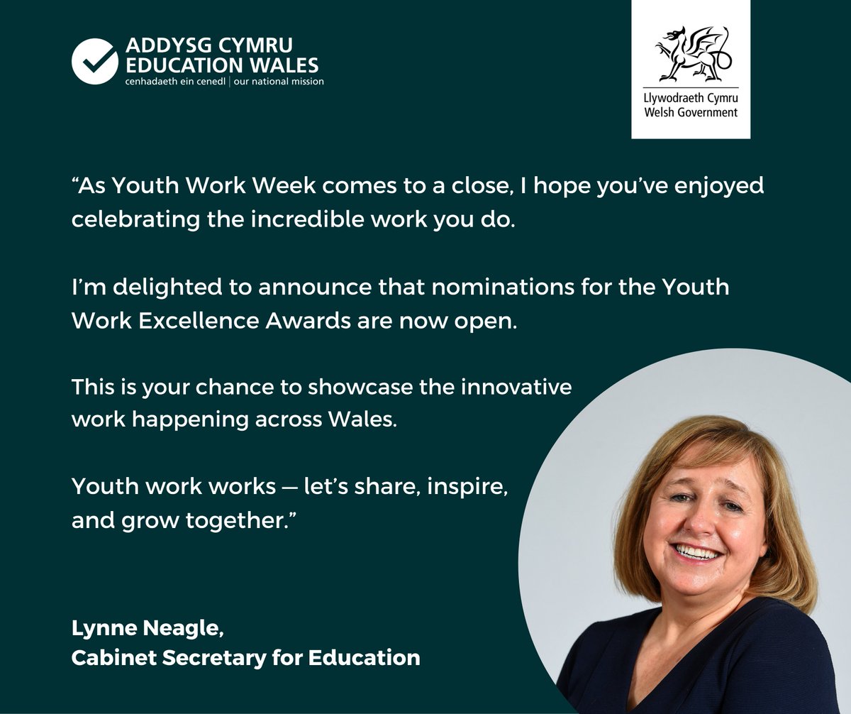 AddysgEducation's tweet image. Nominations are open for the Youth Work Excellence Awards!
Celebrate the people and projects making a difference to young people in Wales.
Nominate now:
gov.wales/youth-work-exc…
- Lynne