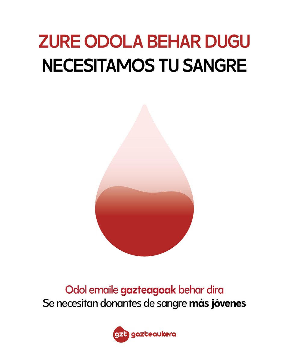 Zure odola behar dugu 🩸
Odol emaileen batazbesteko adina 55 urtekoa da gaur egun. Odol emaile gehiago behar dira eta batez ere, gazteagoak.
Guztion onerako ❤️
--
Necesitamos tu sangre 🩸
La media de edad de las personas donantes de sangre, es de 55 años. Se necesitan más