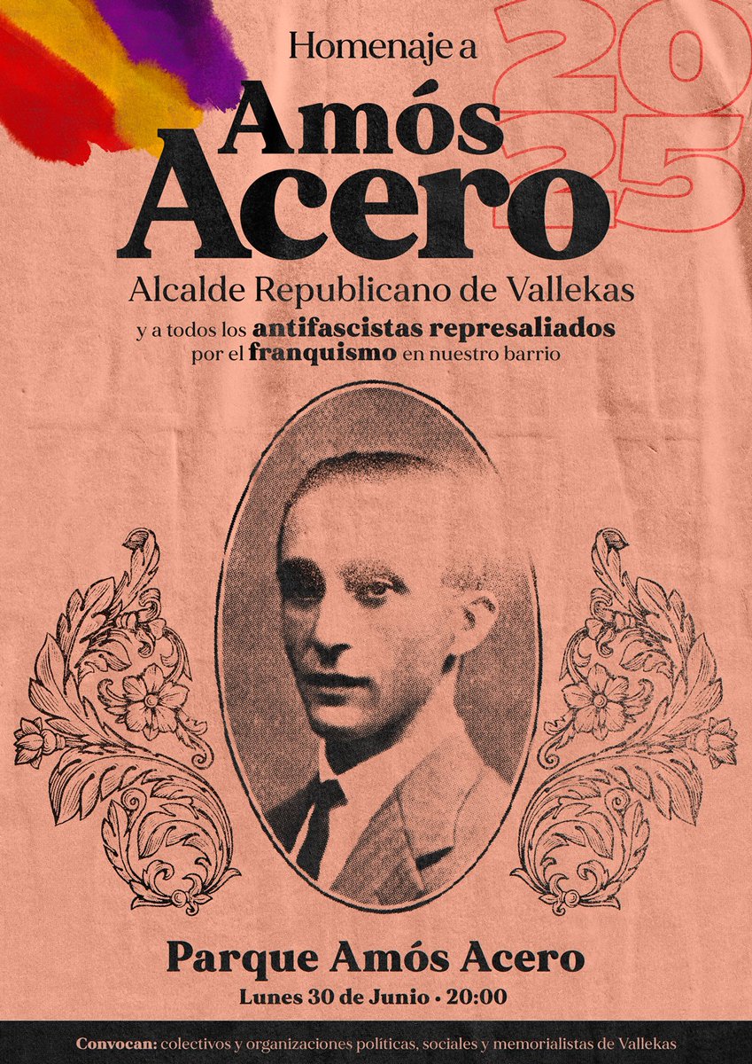 🔻 Amós Acero fue alcalde de Vallekas hasta que en 1941 fue fusilados por el Régimen franquista por su militancia.

Hoy, las trabajadoras de Vallekas homenajeamos a Amós y a todas las represaliadas antifascistas.
🔴🟡🟣