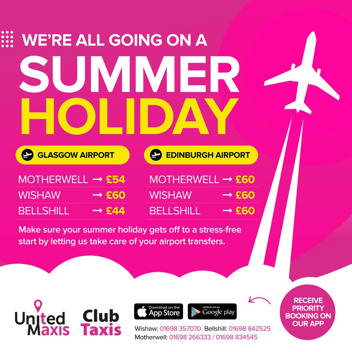 UnitedMaxis's tweet photo. JOIN THE JET SET!! ✈️ 🌞
Make sure your summer holiday gets off to a stress-free start by letting us take care of your airport transfers... ⤵️
📲 → Book on the App https://t.co/T953wMpv19 
☎️ → 01698 357070
#bellshill #wishaw #motherwell #glasgowairport #edinburghairport https://t.co/egwogZrHcv
