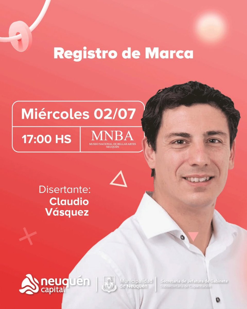 Jefagabinetenqn's tweet photo. ¡Ciclo PAEN 2025: Aprende a registrar tu marca! 
• Miércoles 2 de Julio
• 17 hs
• Museo Nacional de Bellas Artes
Pre inscribite: https://t.co/aY5cG4DMXg
#NeuquenEmprendeCapacitaciones #PAEN #NeuquénCapital  #MunicipalidadDeNeuquén https://t.co/B0tr91YSpi