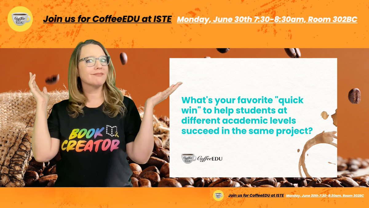 alicekeeler's tweet photo. If you're reading this, I hope you're getting ready to head over to #ISTElive
โ๏ธ for #coffeeEDU
7:30am room 302BC
It's unconference conversation and it's going to be awesome. See you there!!
Thank you Book Creator for sponsoring the coffee. They made these cool conversation cards, but they are totally optional! YOU BRING THE CONVERSATION! You get to talk about whatever you want and meet some cool new people.
@bookcreatorapp #ISTElive25 #ISTE25