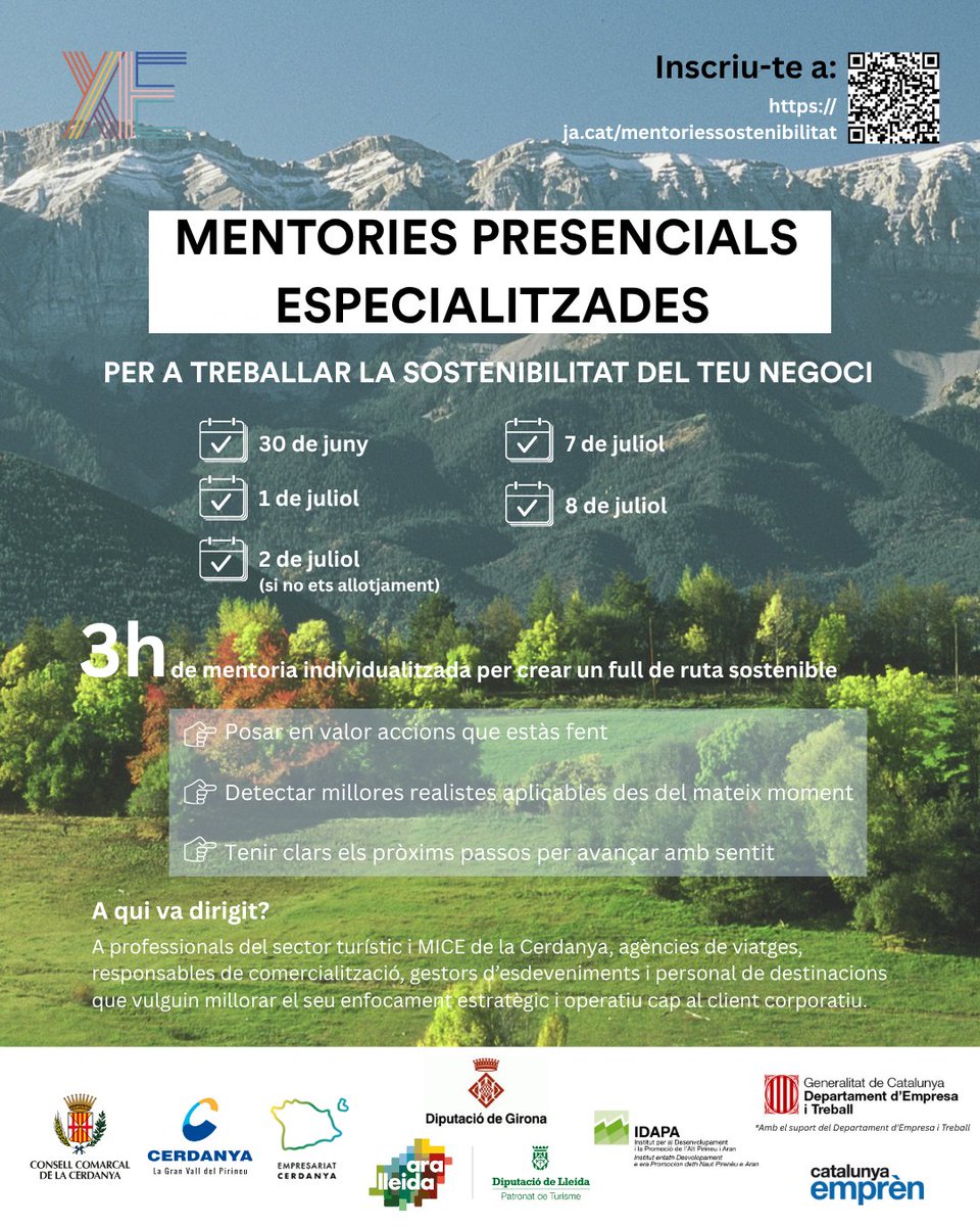 Avui comencem les mentories presencials i individuals per impulsar la sostenibilitat del sector turístic a la Cerdanya! Encara queden places!
Si vols millorar la sostenibilitat del teu negoci i fer-la visible per atraure més clients, inscriu-te a: ddgi.cat/formacioenxarx…