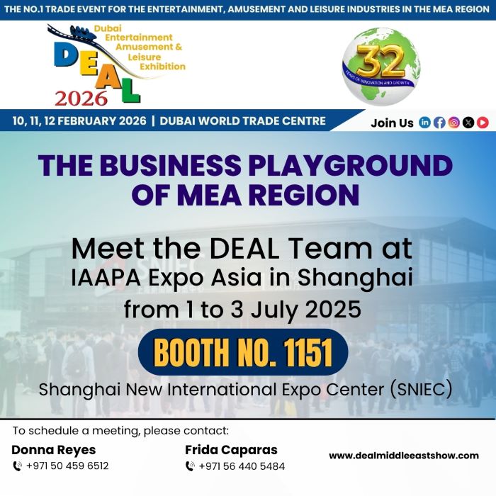 📷 Ready to mix business with fun?
The DEAL 2026 Team is heading to IAAPA Expo Asia in Shanghai!

📷 Find us at Booth No. 1151 from 1–3 July 2025 at SNIEC.

Let’s talk attractions, innovation, and why DEAL is the #1 playground for business in the MEA region! 📷📷