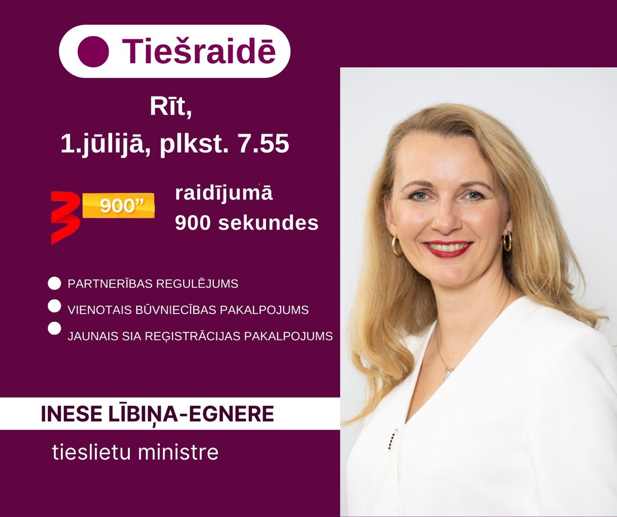 🎥 Otrdien, 1.jūlijā, tieslietu ministre <a href="/ineselibina/">Dr.iur.Inese Lībiņa-Egnere</a>  plkst.7.55 piedalīsies <a href="/TV3zinas/">TV3 Ziņas</a> raidījumā "900 sekundes", informējot par tieslietu nozares aktualitātēm.