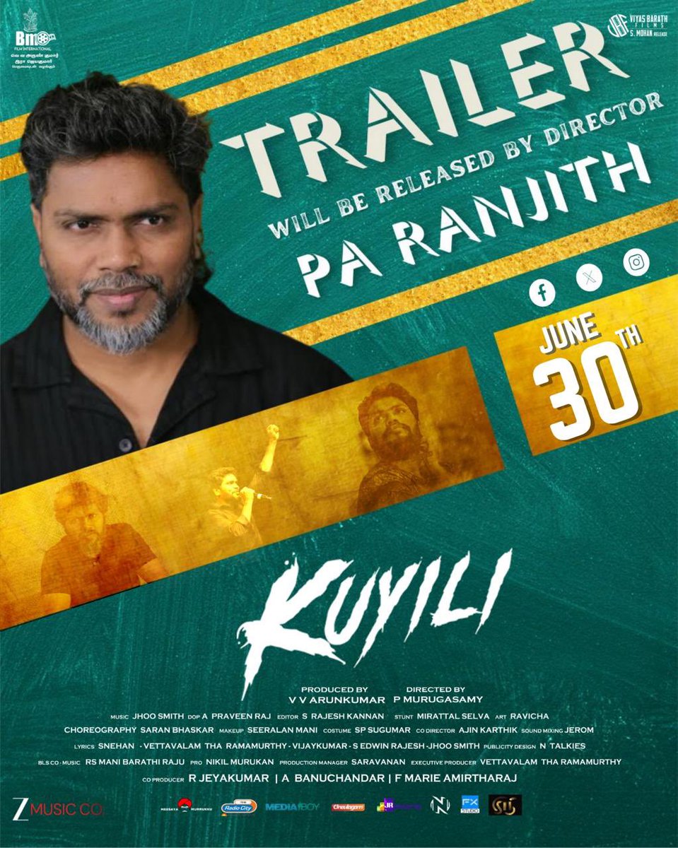 #Kuyili Trailer to be released by <a href="/beemji/">pa.ranjith</a> today at 6 PM !! 

#KuyiliFromJuly4 ✨

starring <a href="/Lizzieantony/">Lizzie Antony</a> <a href="/ThashmigaL/">Thashmiga lakshman</a> <a href="/SaravananNaan1/">Saravanan Naan</a> @RAVICHA151 <a href="/aruunkumar1987/">Arun kumar v</a> #Deepthiraj

Directed by #PMurugasamy

A <a href="/jhoosmith1/">jhoosmith</a> musical

Produced by #BMFilmInternational <a href="/aruunkumar1987/">Arun kumar v</a>
Co