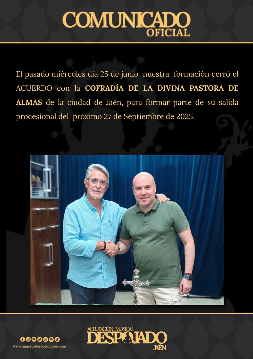 ⚫️ 𝐂𝐎𝐌𝐔𝐍𝐈𝐂𝐀𝐃𝐎 𝐎𝐅𝐈𝐂𝐈𝐀𝐋

✍️𝐀𝐂𝐔𝐄𝐑𝐃𝐎 alcanzado con <a href="/PastoraJaen/">Divina Pastora de Jaén</a> para formar parte de su salida procesional del próximo 27 de septiembre.

#ElAlmadelSalvador