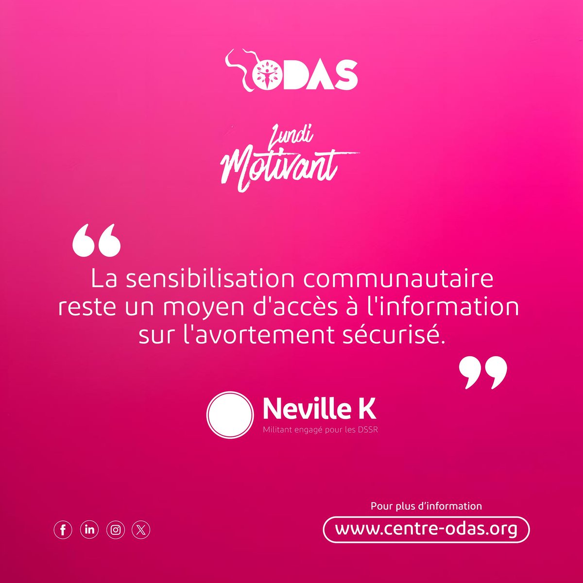 CentreOdas's tweet photo. "La sensibilisation communautaire reste un moyen d'accès à l'information sur l'avortement sécurisé." Neville K, militant engagé pour les DSSR.

L'avortement sécurisé est un soin de santé essentiel et un droit fondamental pourtant, en Afrique francophone, beaucoup de femmes sont encore privées d’un accès sûr à l’information, aux services et au soutien dont elles ont besoin.

C’est grâce à l’engagement des communautés, des militant·es et des professionnel·les de santé que les barrières tombent, que les tabous se brisent, et que les droits avancent.

Commençons cette semaine avec un engagement à porter la voix de l'accès à l'avortement sécurisé dans notre région✊

#LundiMotivant 
#MouvementODAS #DroitsDesFemmes #AvortementSécurisé #JusticeReproductive