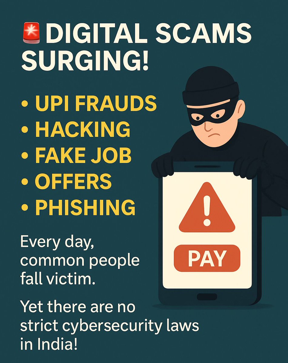 Everyday Indians are losing money to UPI frauds, fake jobs &amp; phishing.
Why no strict cyber laws yet? Time to act! ⚠️ #Scam #CyberSafetyIndia