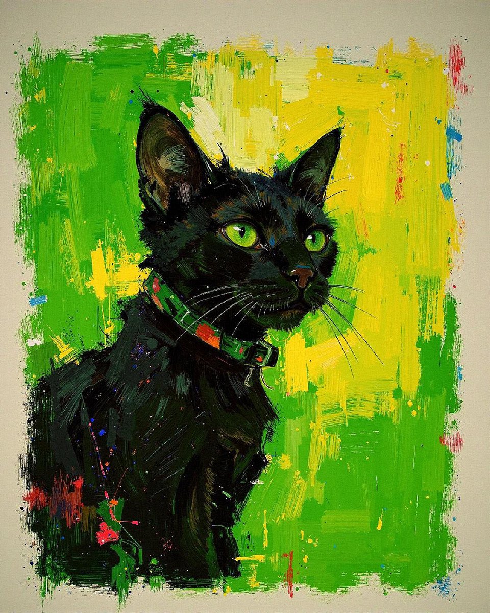 Captivated by Felini’s ‘Emerald Gaze in Volcanic Green’! The cat’s intense green eyes and layered brushstrokes pull you in, highlighting the unspoken emotions of our furry friends. What do you see in this striking piece? Share in the comments!  #BlackCat #GreenEyes #CatPainting