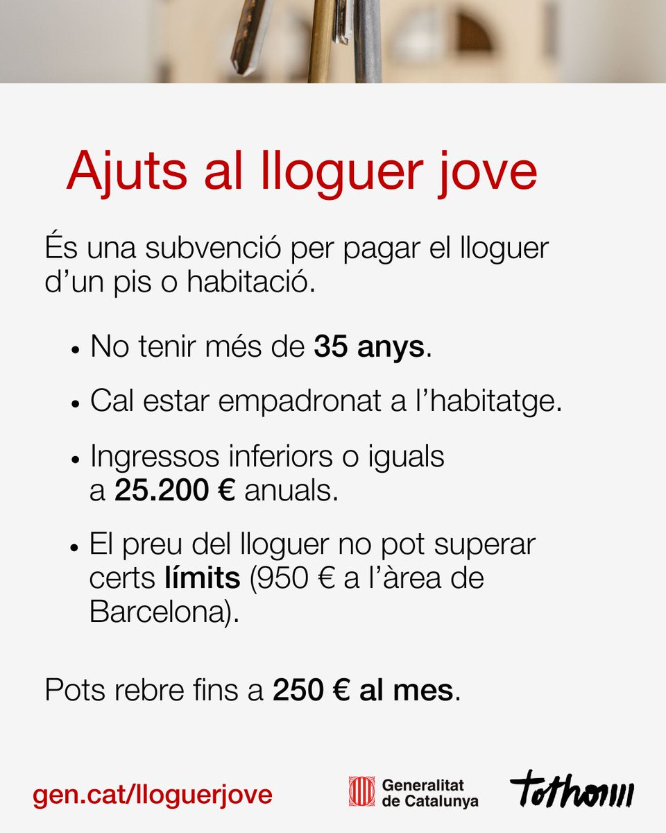 Avui també hem obert una convocatòria d'ajuts al lloguer per a joves. Es poden rebre fins a 250€ al mes.

🙋‍♂️ Adreçada a persones de fins a 35 anys
💶 El preu del lloguer no pot superar certs límits
📆 Presentació de sol·licituds fins a l’11 de juliol

gen.cat/lloguerjove