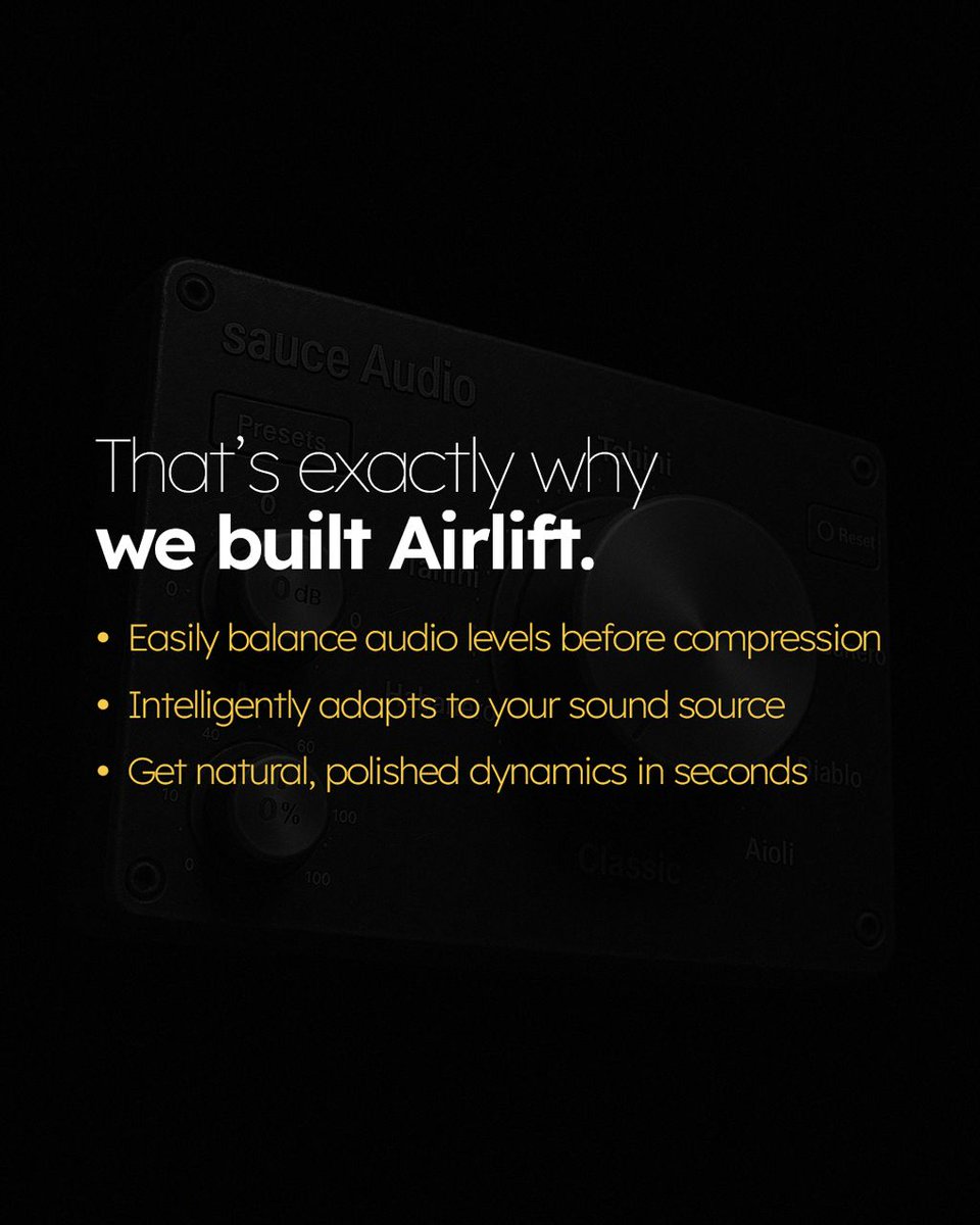saucesoundlab's tweet photo. Your vocals don’t need to be perfect.
They just need to feel balanced. 🎙️

The problem? Some words pop, others get lost. Your compressor can’t keep up.
We broke it down simply — and built a solution for it: Airlift.
#sauceaudio #airlift #musicproduction https://t.co/UvdeDbS3wf