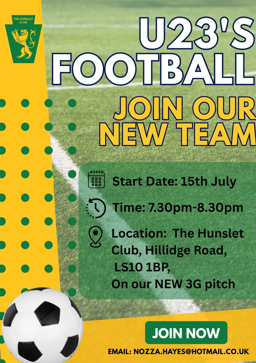 The Hunslet Club (@hunsletclub) on Twitter photo 🚨New Team Alert🚨
⚽️Under 23's Football⚽️
We’re building something special — and we want you to be part of it!
🔺Ages:17–23
⏲️Starting 15th July , 7.30-8.30pm
✉️Email nozza.hayes@hotmail.co.uk
Come and be part of something fresh!
#HunsletClubU23 #NewTeamVibes #JoinTheSquad 🚨New Team Alert🚨
⚽️Under 23's Football⚽️
We’re building something special — and we want you to be part of it!
🔺Ages:17–23
⏲️Starting 15th July , 7.30-8.30pm
✉️Email nozza.hayes@hotmail.co.uk
Come and be part of something fresh!
#HunsletClubU23 #NewTeamVibes #JoinTheSquad