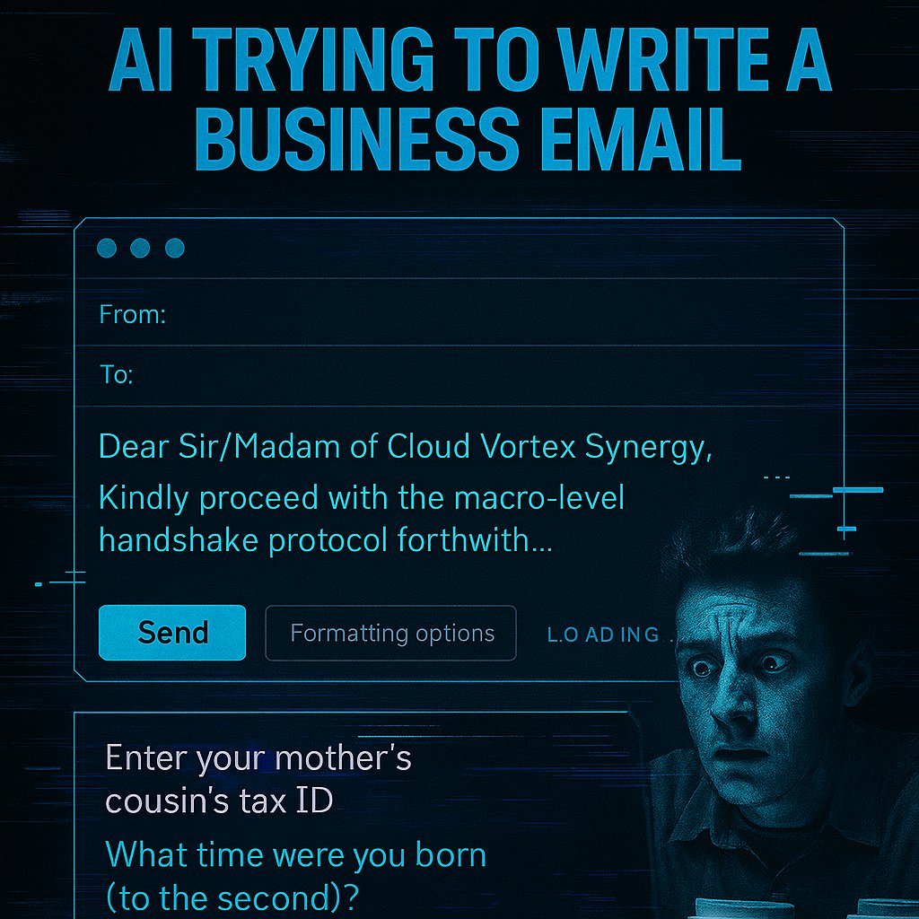 InifyeT's tweet photo. AI writing your business email:
“Kindly initiate the macro handshake protocol of cloud vortex alignment.”

Meanwhile, you're just trying to confirm a meeting.
#AIEmailFails #BuzzwordSoup #InifyeDecoded https://t.co/eMsRyrIpo0 https://t.co/thrsgZbH40