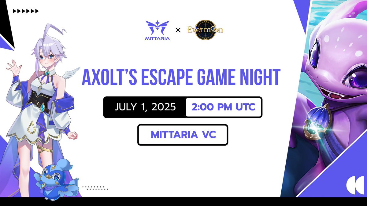 📣 AXOLT'S ESCAPE GAME NIGHT 💫

July 1st, 2025, 2 PM UTC—it's all Mittaria magic as we dive into <a href="/Axoltsescape/">Axolt’s Escape</a> on Discord! Expect gaming, laughs, and a peek into our future. 🕹️

Join the fun: discord.gg/mittaria
