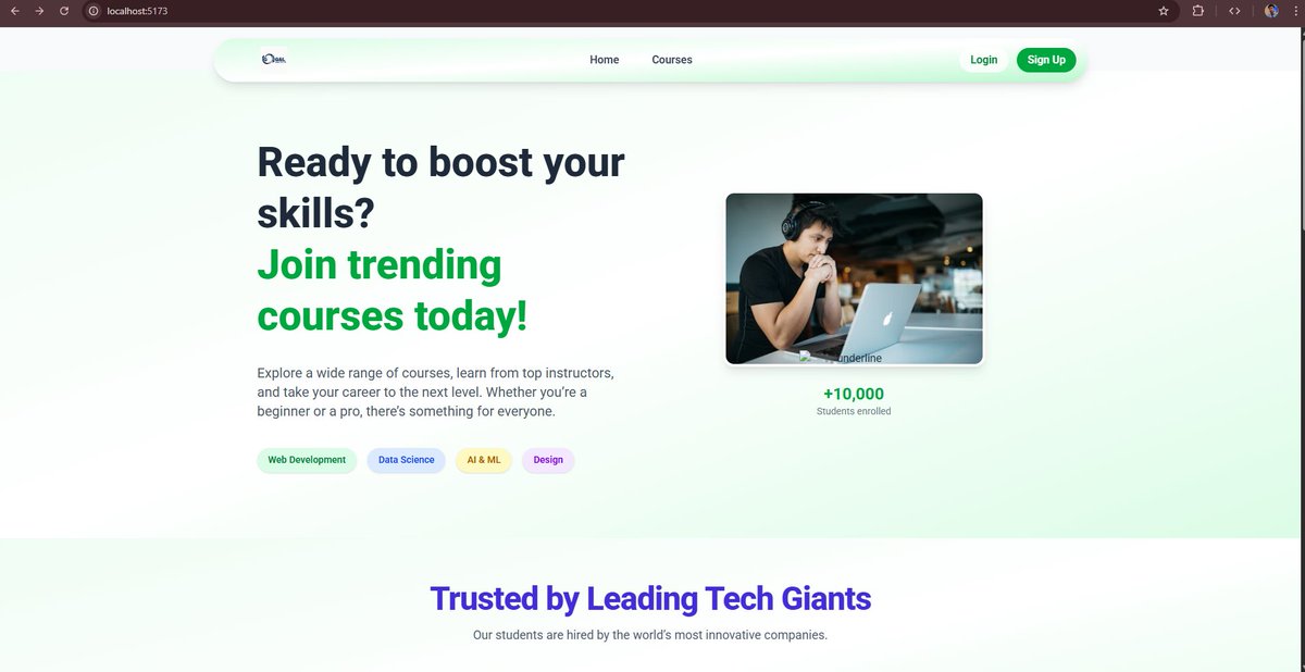 _Disputo's tweet photo. Just finished designing the hero section for my Learning Management System π¨βπ»
Trying to keep it clean, modern & user-friendly.
Built with React + Tailwind CSS.
Next up: course dashboard + lecture player.
#BuildInPublic #ReactJS #TailwindCSS #LMS #EdTechDev https://t.co/5EyzurbBf1