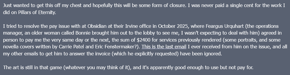 RPGCodex's tweet photo. An artist from Singapore claims that Obsidian Entertainment's Feargus Urquhart did not pay him for art featured in Pillars of Eternity https://t.co/0J9g1Y6q0g https://t.co/NrfMqoVUED
