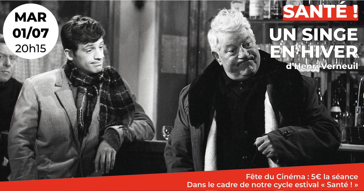 Cinema_ARVOR's tweet image. 🥂Le #CinéArvor présente dans le cadre de son cycle estival "Santé !" UN SINGE EN HIVER d'Henri Verneuil avec Michel Audiard aux dialogues...(1962)
🔸L'hôtelier d'une petite station balnéaire de Normandie a juré à sa femme de ne plus toucher à un verre d'alcool...
#Rennes
