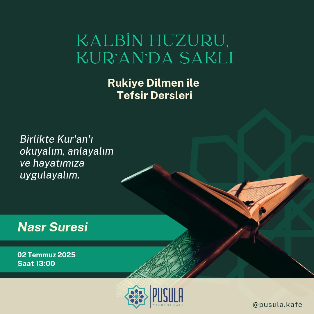 pusula_kafe's tweet photo. 🕊️ Kısa ama çok derin bir sure: Nasr Suresi
Kur’an’ın sonlarında ama anlamca en başta duruyor…

📚2 Temmuz Salı günü saat 13.00’te Pusula Kitap Kafe’de
Bu kez Nasr Suresi’ne yakından bakacağız:
📌 Zafer ne demek?
📌 Yardım geldiğinde ne yapmalı?
📌 Gerçek başarı nasıl anlaşılır? https://t.co/MnpnChsDYD
