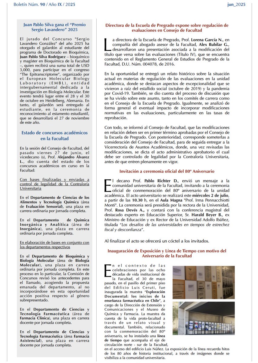 faciqyf's tweet photo. Dejamos a disposición de la comunidad universitaria el Boletín "Consejo de Facultad al Día" Nº90 @QuimicaUdeChile @uchile
#FaCiQyF #FaCiQyF #80añosFaCiQyF https://t.co/Bl9sL6Y57v https://t.co/edqByklJsH